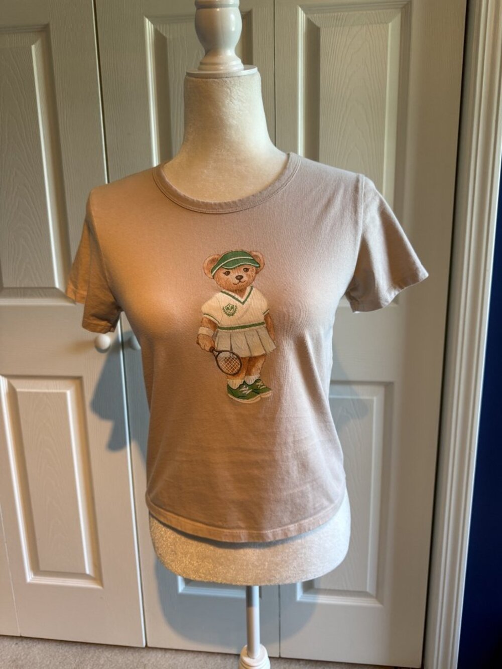 Women’s House Of Cotton Cropped T Shirt Tan Tennis Teddy Bear Wimbledon Small